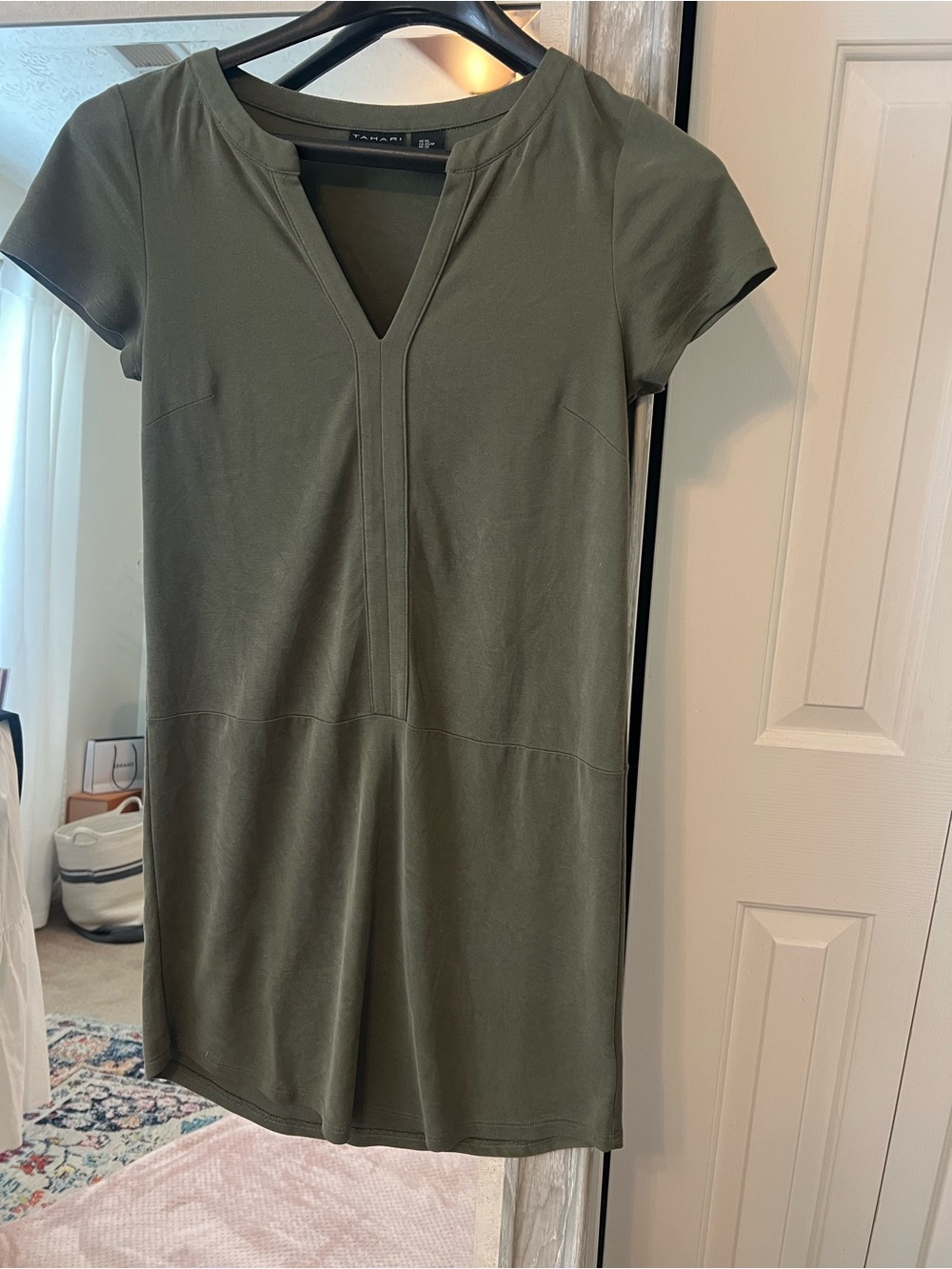 Tahari Olive Green Short Sleeve Shift Dress